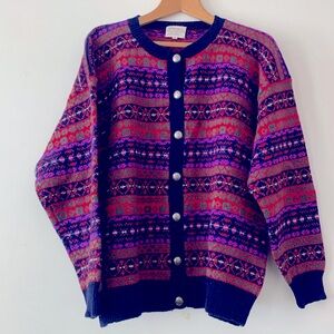 Susan Bristol Colorful Cardigan Nice Silver Buttons Size L NWOT 100% Wool